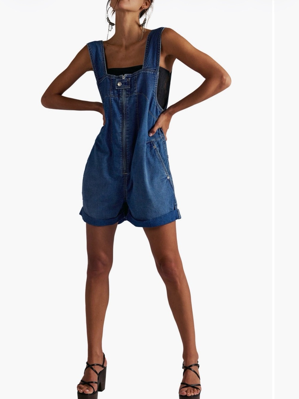 Free People Blue Denim Short Overalls Romper
